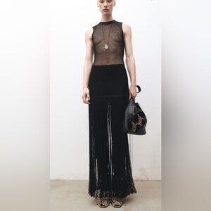 Mango Black Fringe Maxi Dress with lace details